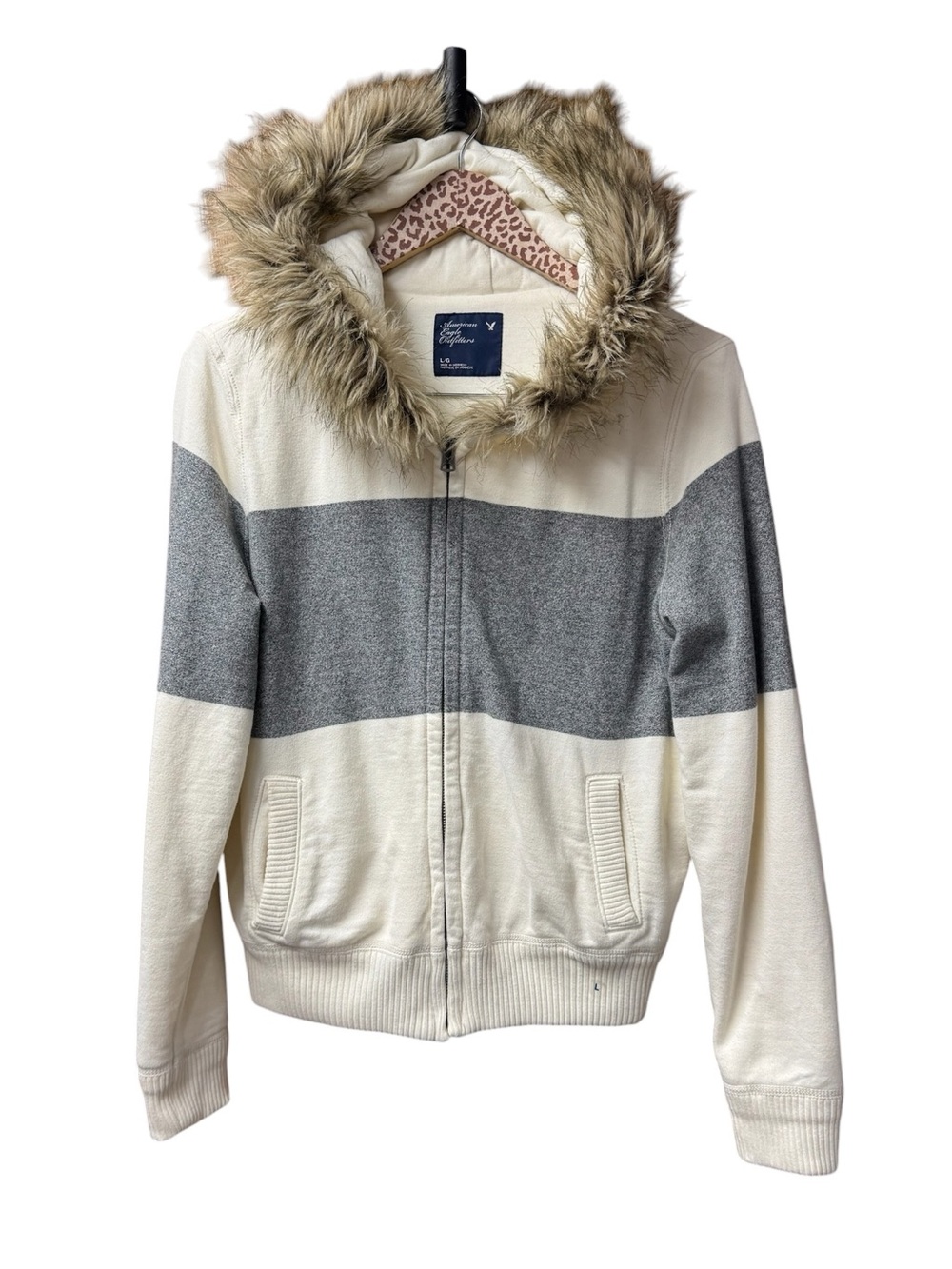 American Eagle Outfitters Faux Fur Hood Sweatshirt Full Zip Large NEW READ Y2K